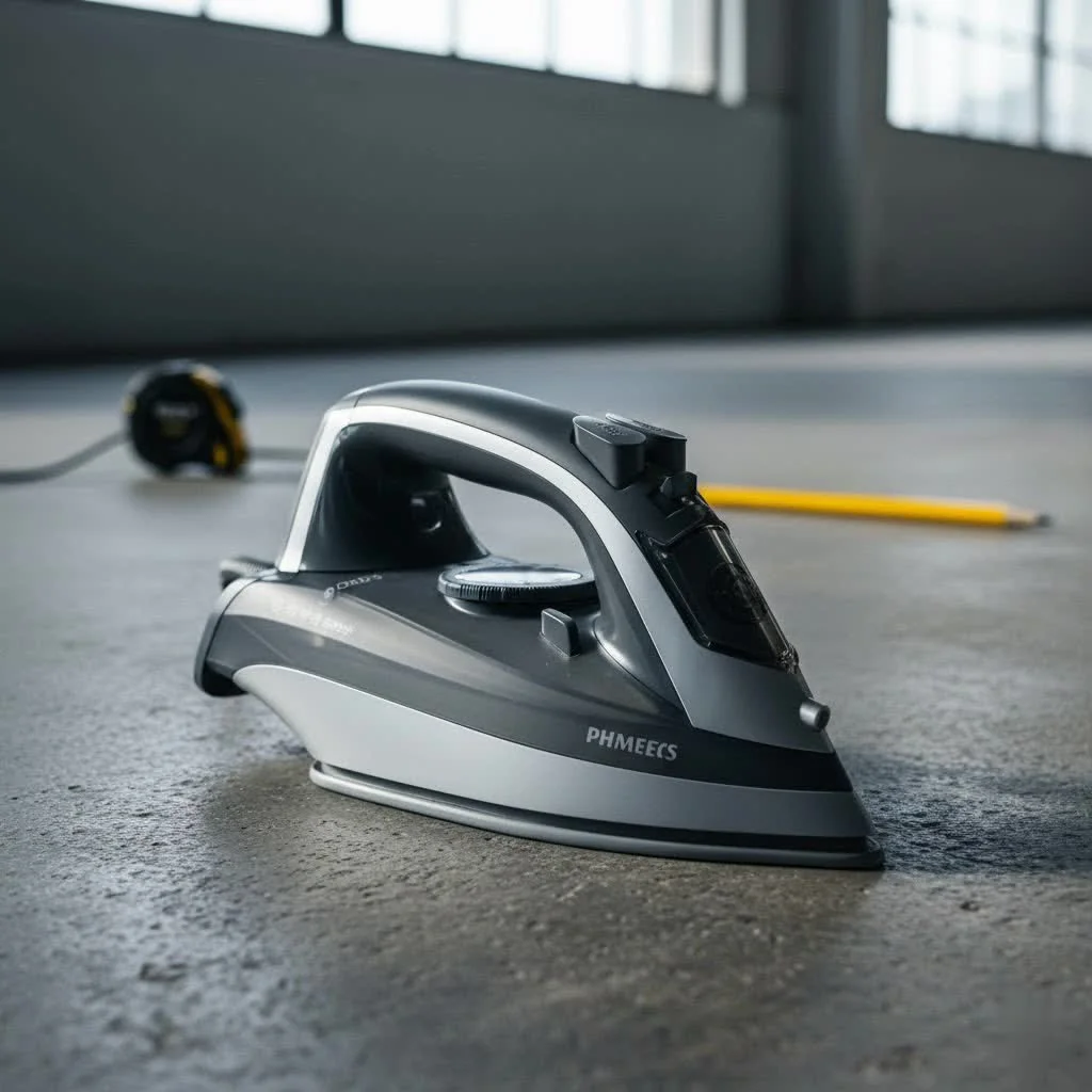 Steam iron with a blue handle and white soleplate on an ironing board