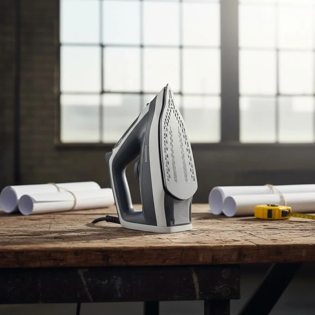 Steam iron smoothing wrinkles on a white shirt