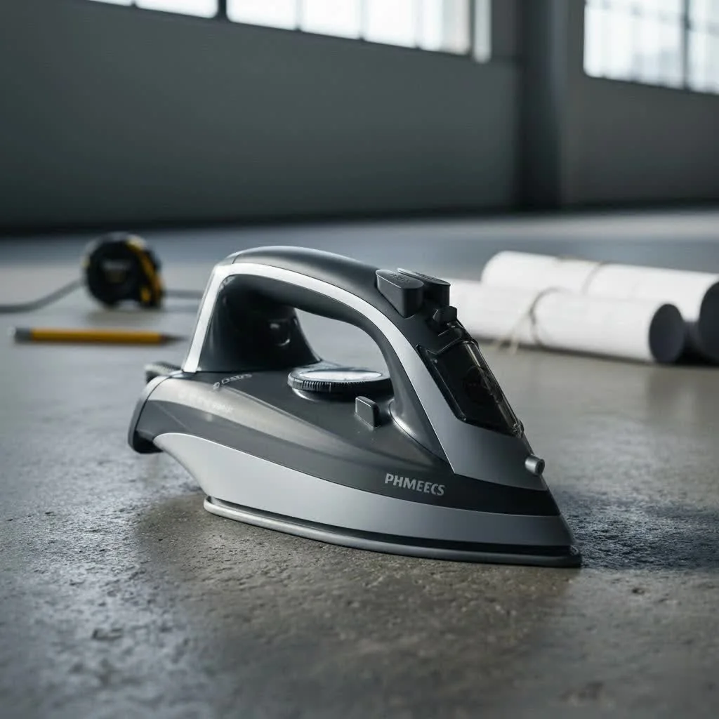 Close-up of a modern steam iron with blue accents on an ironing board